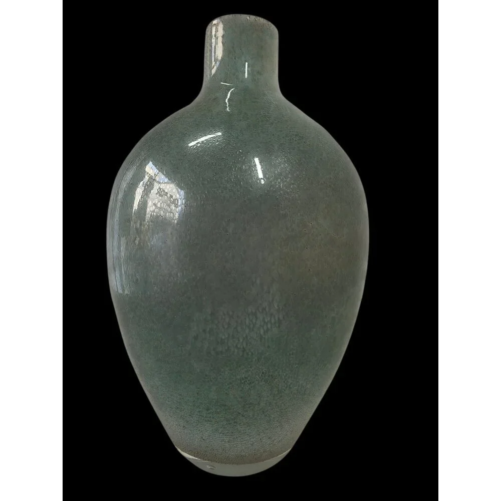 90s Aqua Hand-Blown Bubble Glass Vase 11” Textured Art Glass Modern Decor
